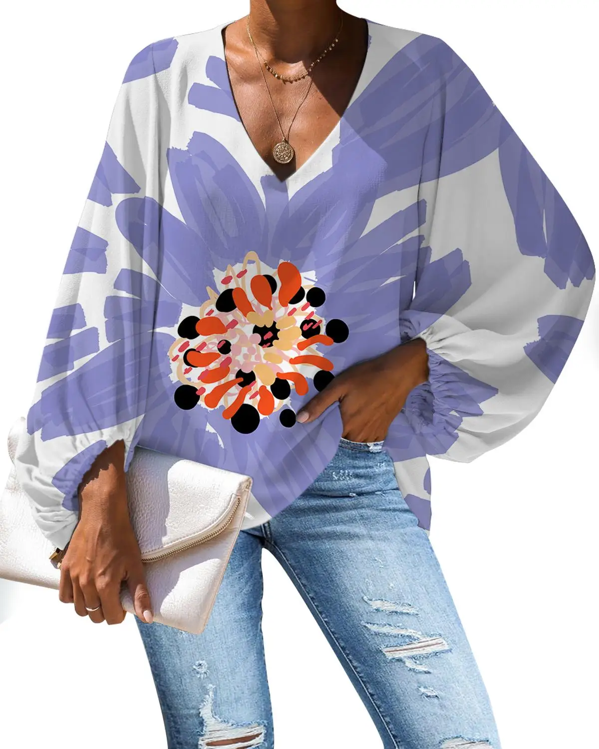 Рубашка женская с длинным рукавом и V-образным вырезом | Женская одежда