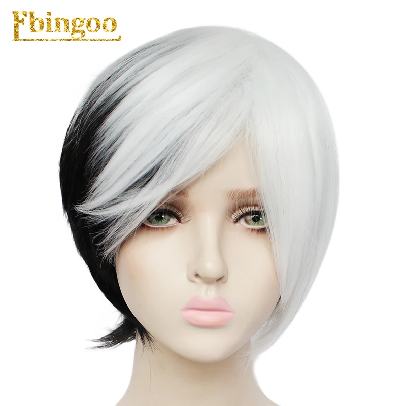 Ebingoo Cruella Deville, парик, боковая челка, полубелый, черный, слоистый синтетический парик для косплея для женщин, вечерние, Хэллоуин+ парик, шапка