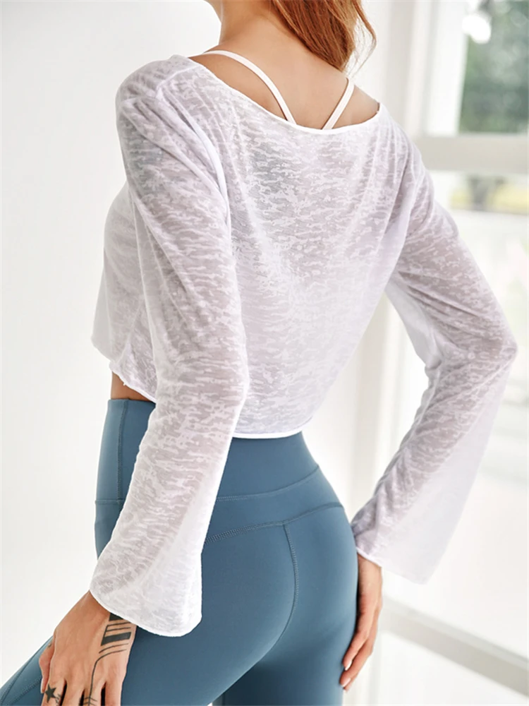 Oyoo прозрачный кроп-Топ с длинным рукавом Женская легкая спортивная женская