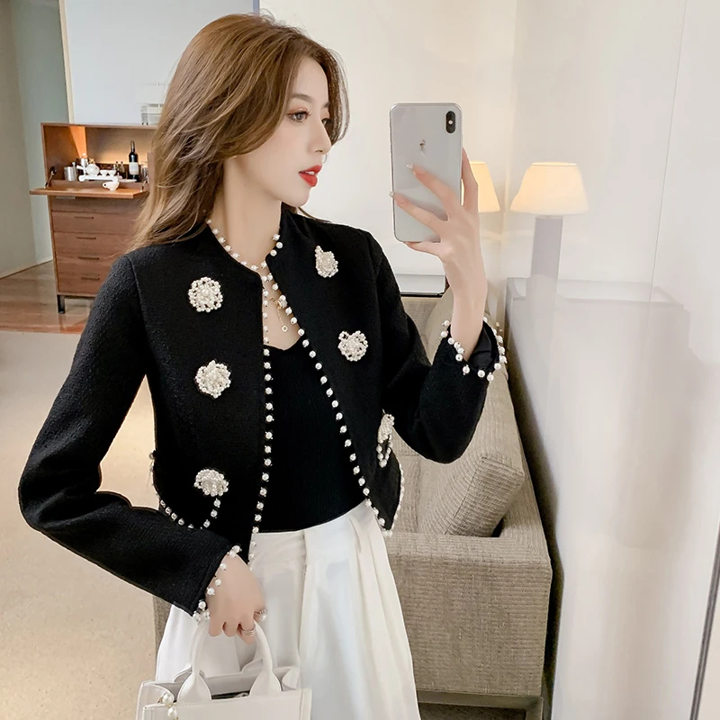 

Small Fragrance Autumn Pearl Beading Short Jacket Women Long Sleeve Tweed Outerwear High Qualtiy Chic Top