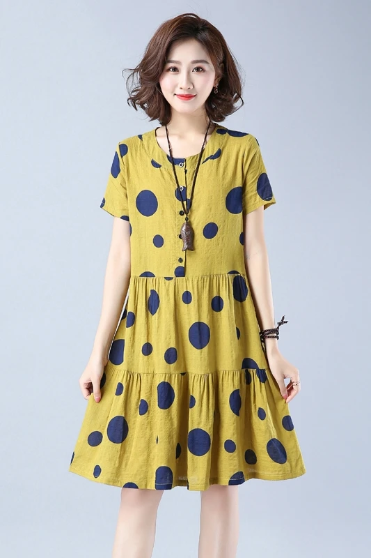 

COIGARSAM Cotton Linen Women dress New Summer Short Sleeve Loose O-Neck Dresses Yellow Green 8805
