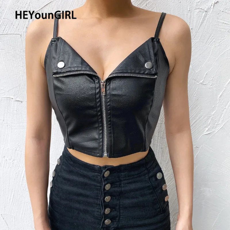 HEYounGIRL готика, Харадзюку короткий топ из искусственной кожи для женщин с открытой спиной сексуальные топы с бретельками футболки без рукавов из искусственной кожи черный топ с запахом