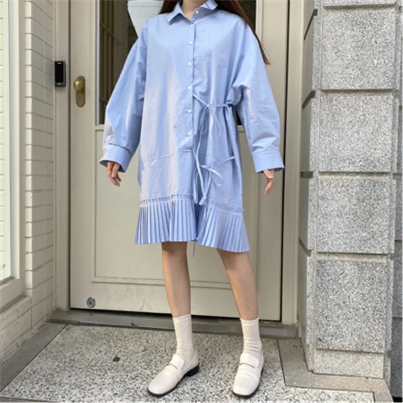 

Dress Casual Women Spring Autumn Korean Style Stylish Single Breasted Shirt Dresses Side Lace-up Pleasted Vestidos 2020