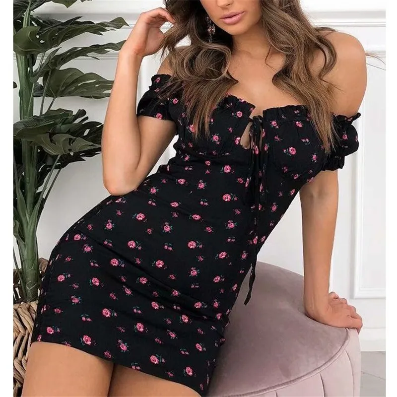 

2021 Summer Floral Print Black Red Mini Dress For Women Streetwear Sexy Slash Neck Ladies Bodycon Dresses Party Outfits Vestidos