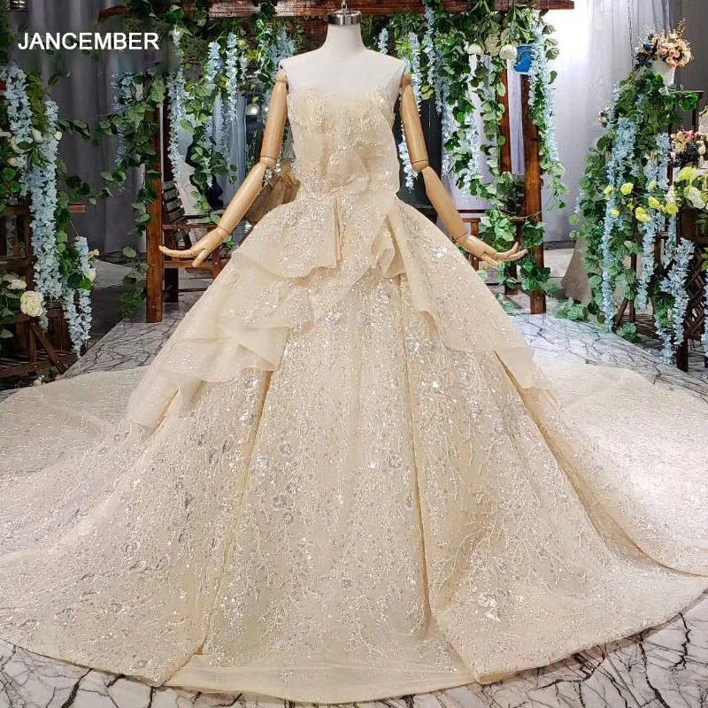 HTL529 шампанское роскошное свадебное платье со шлейфом o образным вырезом с