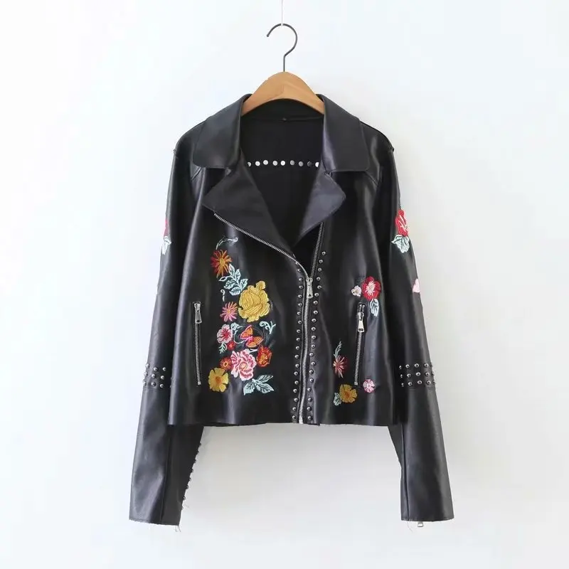 women autumn pu leather jacket 2019 fashion girls ladies embroidery rivet zipper elegant female winter cool biker jackets | Женская