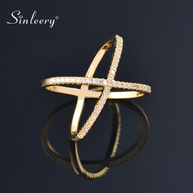 

SINLEERY Simple Letter X Shape Wedding Rings Yellow Gold Color Micro Paved Crystal Rings For Women Jewelry JZ008 SSB