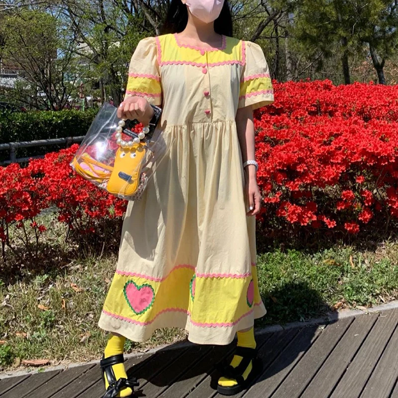 

GALCAUR Sweet Dress For Women Square Collar Puff Short Sleeve Patchwork Hit Color Ankle Length Dresses Females Clothing 2021 New