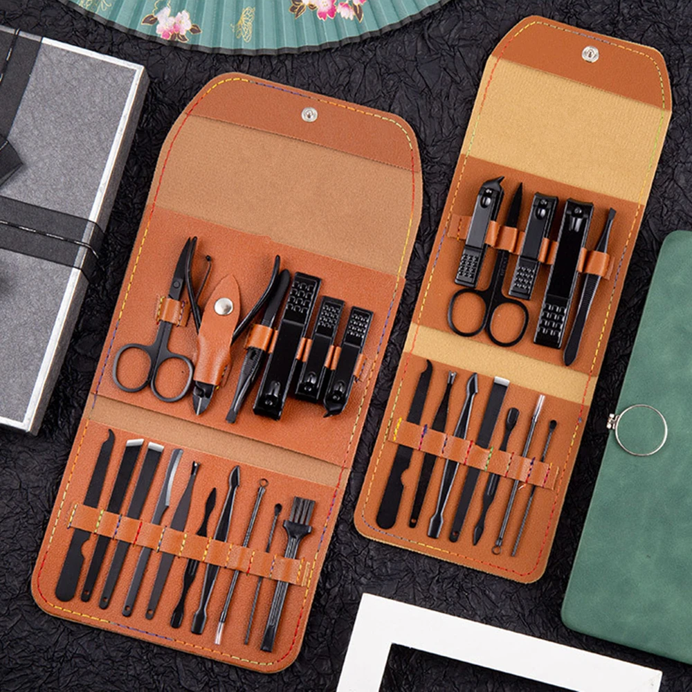 

12/16 Pcs Nail Art Folding Holster Set Tools Nail Clippers Manicure Scissors Dead Skin Scissors tweezers Stainless Steel Push