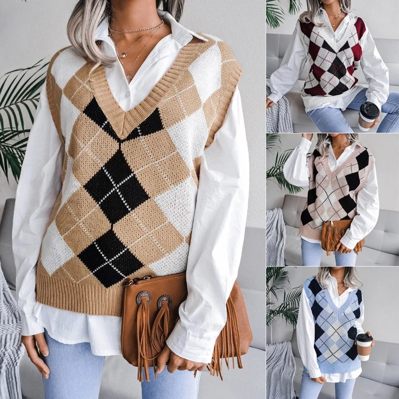 

College Style Knitted Vest Women's Casual Loose V-neck Diamond Waistcoat Layered Niche Retro Design Sense Sleeveless Pullover