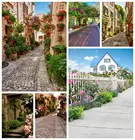 Laeacco Старый город горшках с цветочной Alley коридор дом живописные фото Фоны фотографии фонов для фотостудии