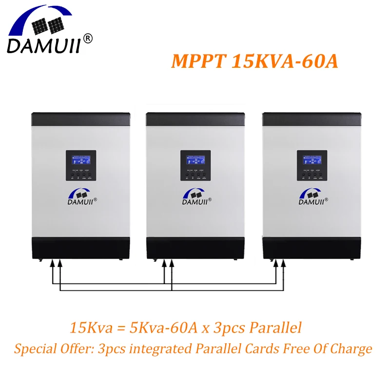 

DAMUII MPPT 15KVA 60A Solar Inverter Off-Grid System Hybrid DC To AC 12000Watt 230Vac 48Vdc Battery Pure Sine Wave 50-60Hz Auto