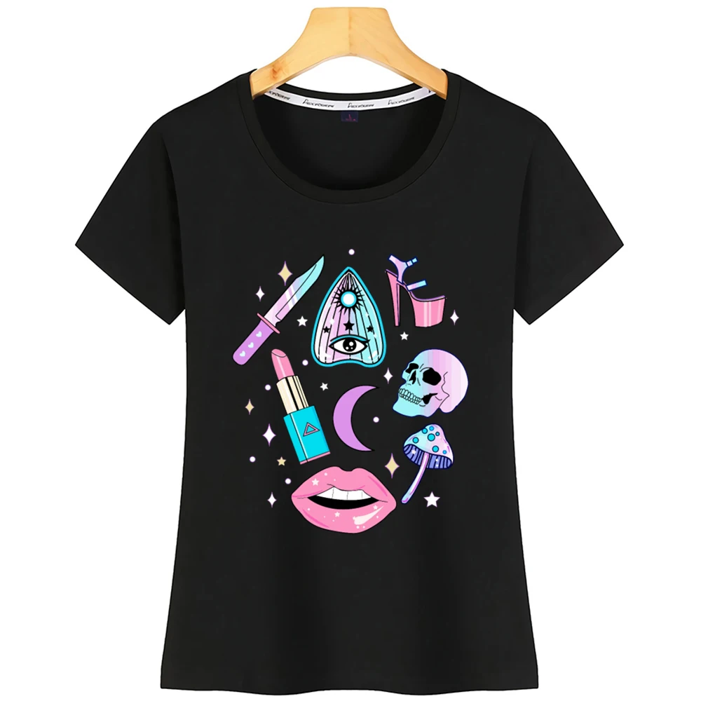 Топы Футболка Для женщин Girly пастельных ведьмы узор Повседневное Harajuku футболка с