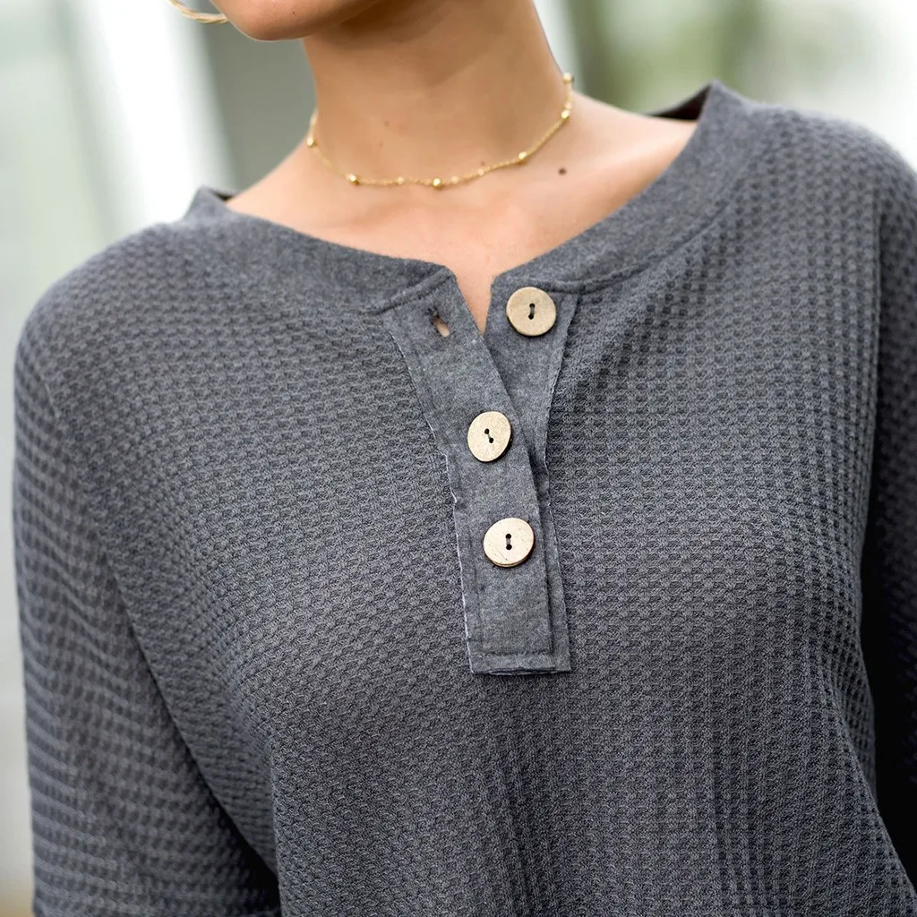 Осенний Вязаный топ с круглым вырезом и пуговицами женская одежда футболка