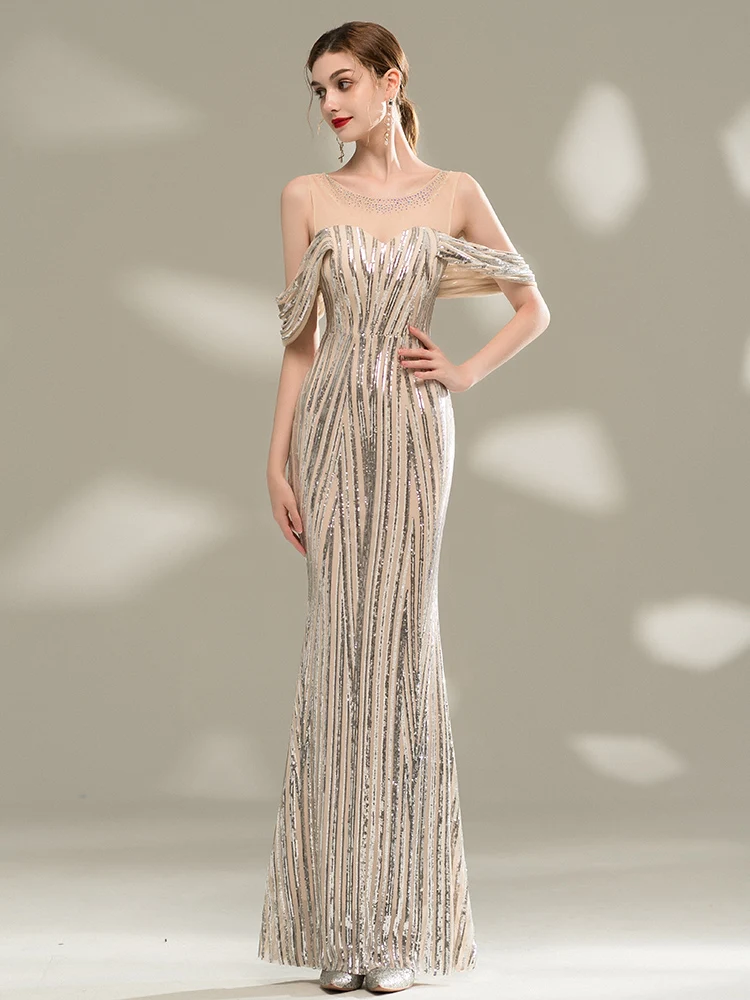 

YIDINGZS Long Sequins Evening Dress Elegant Off Shoulder Evening Party Dress YD18171