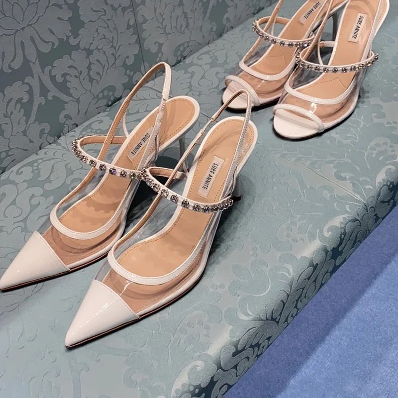 

2021 summer new style sexy lady shoes white pointy toe stiletto stripper Slingback High heels sandals bride wedding shoes