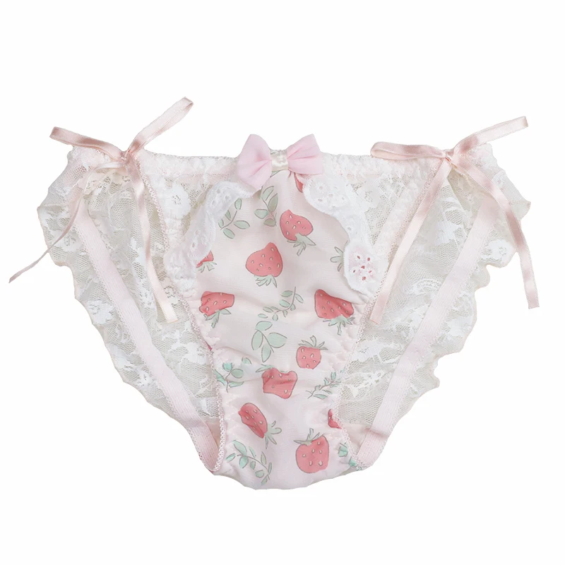 

Розовые женские трусики с клубничным бантом, симпатичное японское нижнее белье, кружевные сексуальные трусики каваи белье для девушек