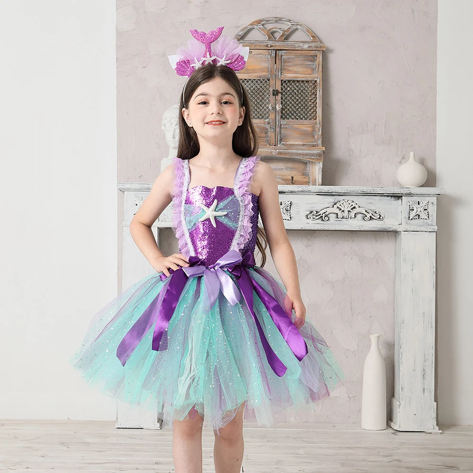 

Pirncess Girls Sea Theme Costume Children Mermaid Dresses for Kids Purple Starfish with Lace Sling Tutu Dress Fishtail Hair Band