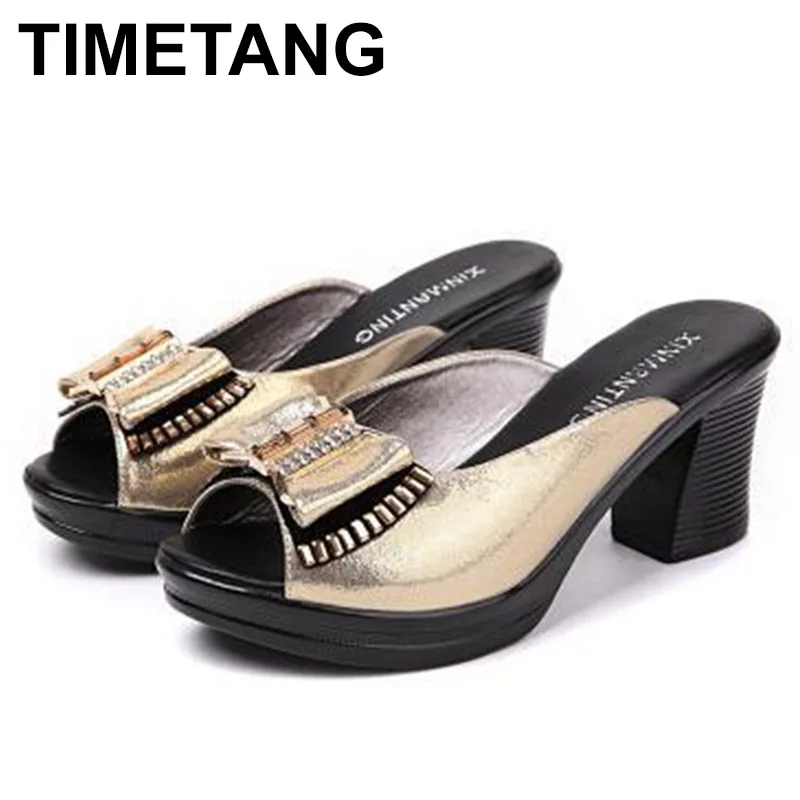 

TIMETANG Women sandals Women slippers genuine leather rhinestone thick high-heeled color block decoration open toe women sandals