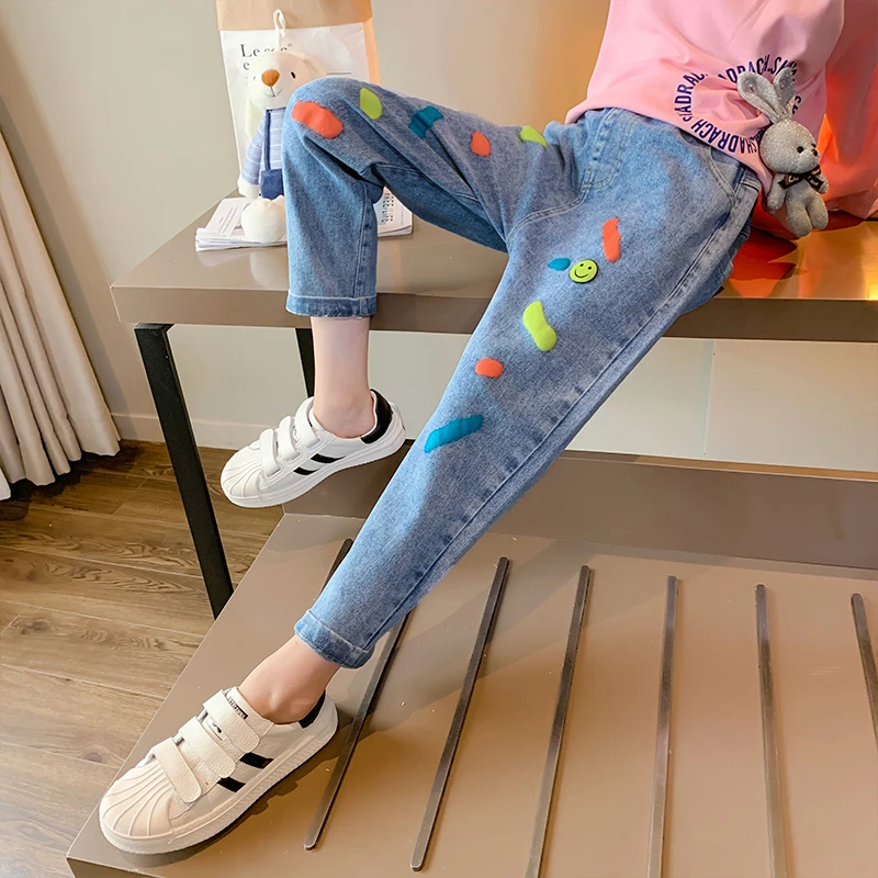 

2021 Fashion Cartoon Jeans for Girls Teenage Children Jeans Elastic Waist Denim Pants Kids Trousers for Girls Kids Clothes 3-14T