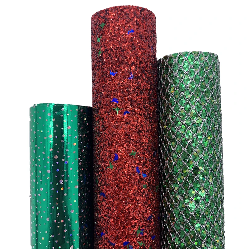 3PCS/SET Christmas Green Red Glitter Vinyl Fabric Matching with Green Patent Faux Leather For Bows Earrings DIY 21X29CM Q131