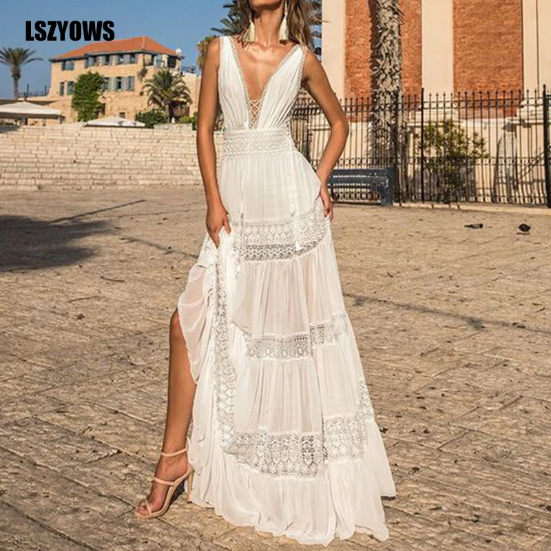 

Lace Splice Long Sexy Summer Dresses 2021 Women Sleeveless V-Neck White Beach Maxi Dress Female Hollow Out Casual Party Vestidos
