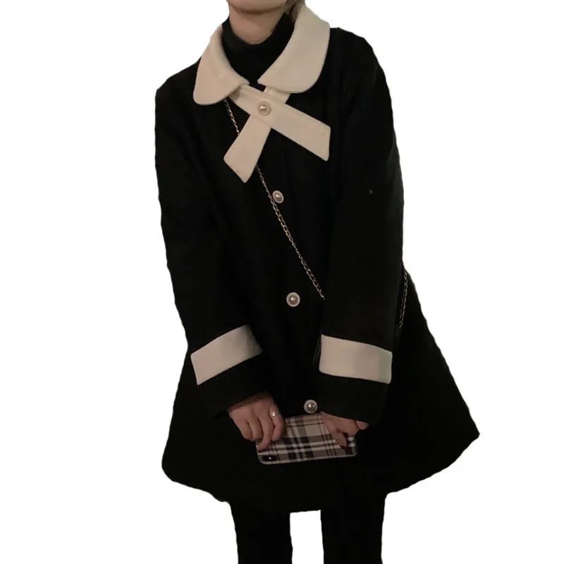 

Черная куртка из искусственной шерсти с воротником «Питер Пэн», милое Женское зимнее свободное теплое пальто с длинным рукавом, женская вер...