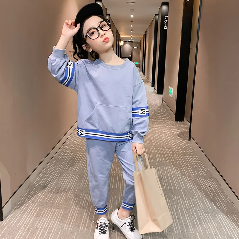 2021 Popular Girls Two-piece suit Cartoon Sweater Children Girl Clothes Front pocket Sweatshirt Sweatpants Kid Cotton Sportswear | Детская
