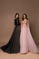 tulle v neck maxi lace prom dress long sleeve black party evening dresses pink guest gowns