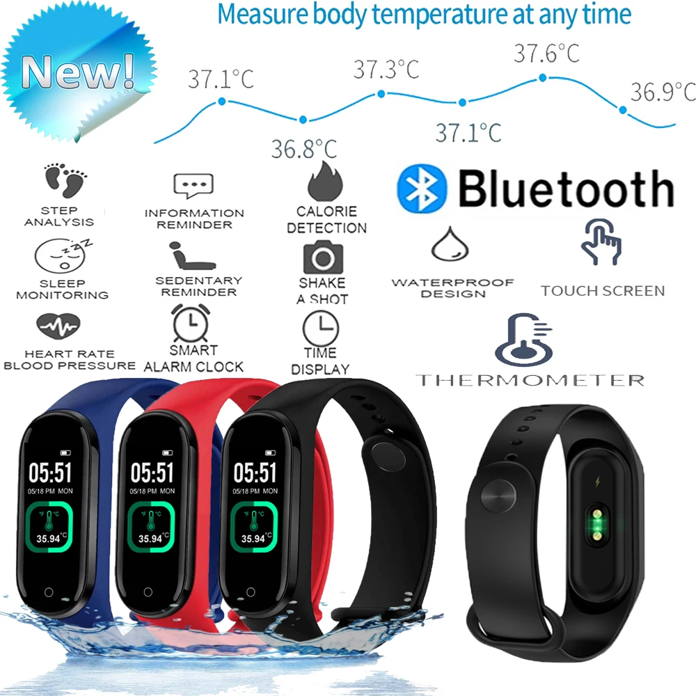 

M4pro Sport Waterproof Smart Bracelet Temperature Measurement Wristband Blood Pressure Monitor Heart Rate Smart Band Kids Gift