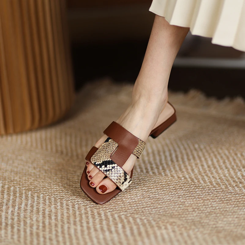 

JOCHEBED HUNew Buckle Real Leather High Heels Slippers Round Toe Slides Ladies Thick Heel Shoes Women Summer Sandals 33-40