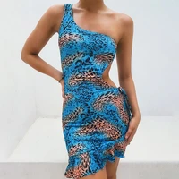 sexy women hollow out design ruffles decor one shoulde sleeveless print slim hips mini dress 2021 new summer pencil dress
