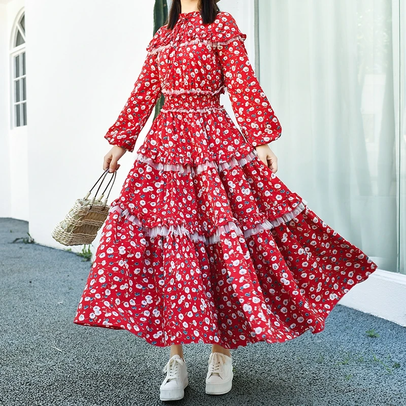 

TIYIHAILEY Free Shipping Boshow Fashion Long Chiffon Ruffles Print Maxi Women Bohemian Big Hem Red Full Lantern Sleeve Dresses