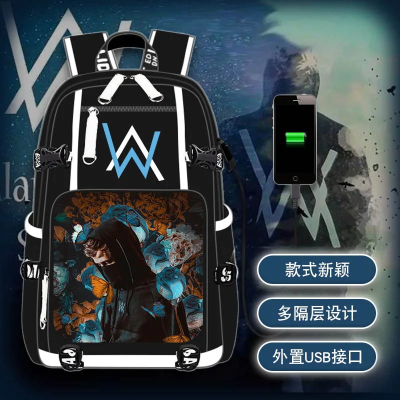 

Рюкзак Alan Walker с USB-разъемом для мужчин и женщин, школьные ранцы для книг, дорожные сумки на плечо для ноутбука, модные подарочные мешки для ди...
