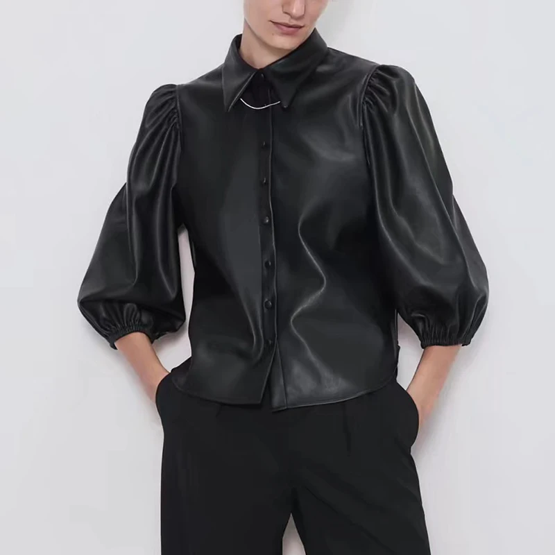 

WXWT осенние женские однотонные свободные блузки из искусственной кожи рубашка с длинным рукавом на пуговицах Женские повседневные топы 2021 ...