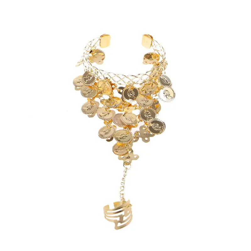 

Lady Belly Dance Gold/Silver Coin Link Metal Ring To Wrist Bracelet Necklace