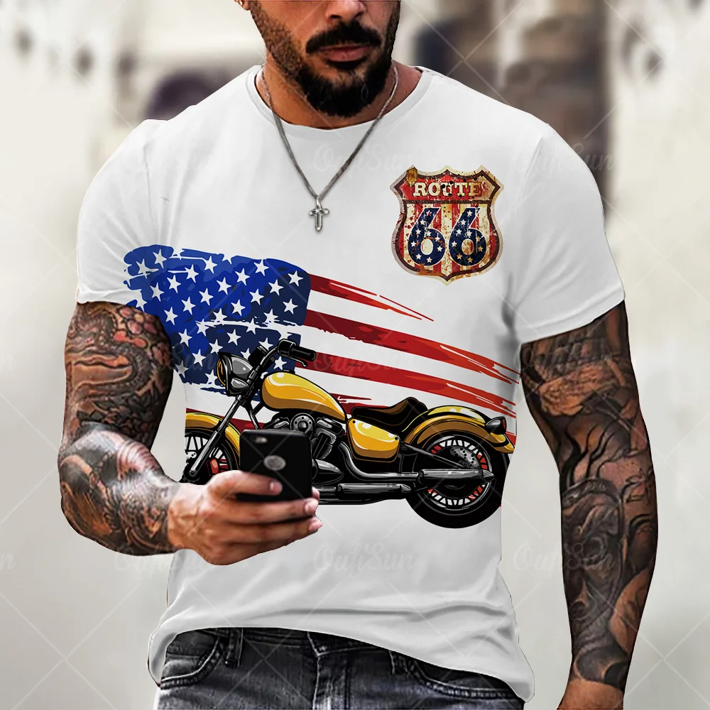 

Spring and autumn fashion American flag men's short-sleeved oversized loose retro T-shirt American Route 66 Letter Print Hooded