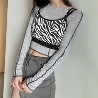 harajuku hollow out crop tops streetwear 2021 vintage punk zebra print long sleeve tops women autumn sexy patchwork basic top