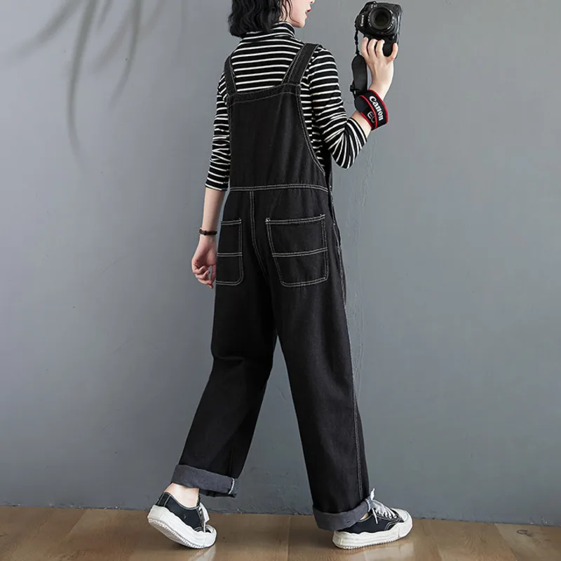 

#1533 Black Blue Casual Jumpsuit Women Loose Long Denim Overalls For Women Korean Style Plus Size 2XL Straight Wide Leg Jumpsuit