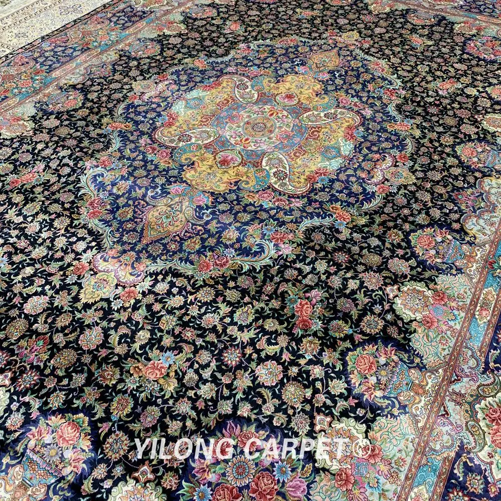 Goede YILONG 10'x14' Handgemaakte Turkije Grote Zijden Kleed Blauw Medaillon Luxe Exquisite Tapijt (ZSH007A)