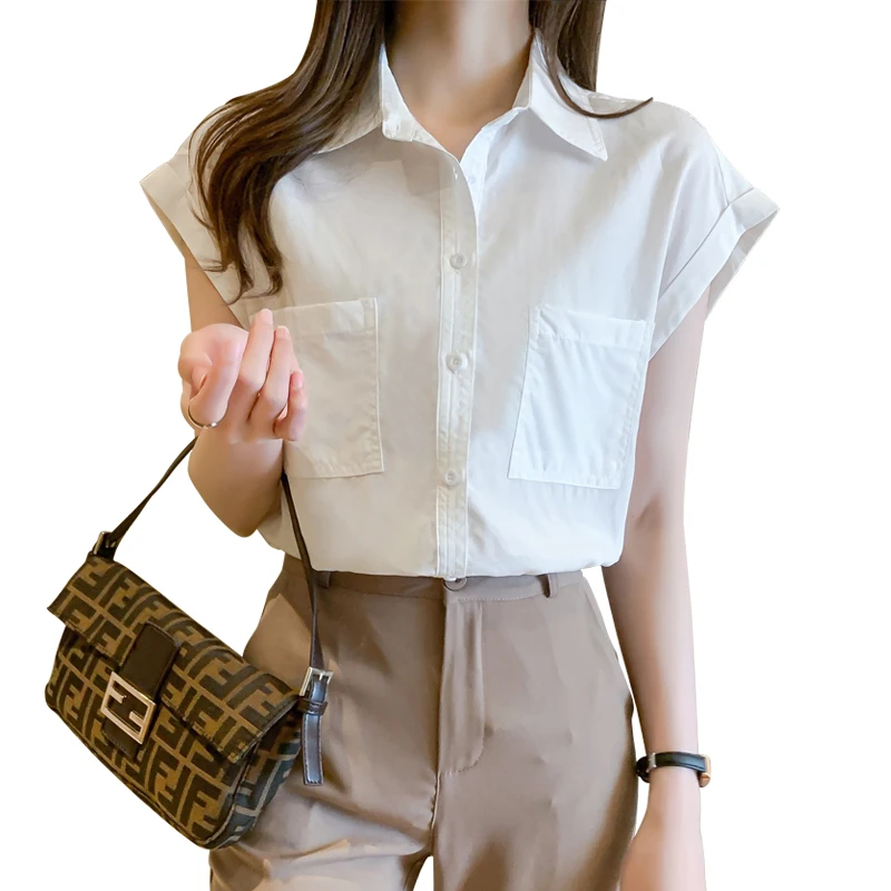 

COIGARSAM Office Lady Short Sleeve Shirt Womens tops New Summer Solid Chiffon Women shirts White 8130