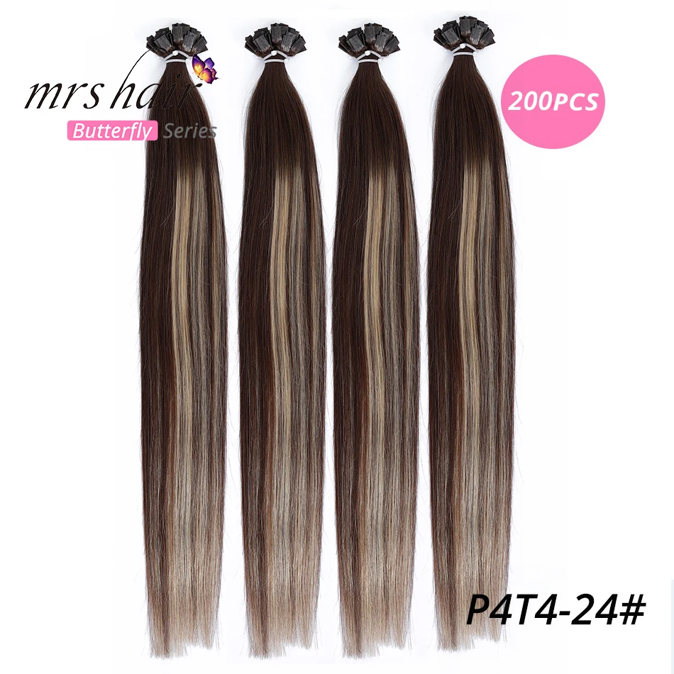 MRSHAIR предварительно скрепленные плоские волосы для наращивания 1" 18" Искусственные волосы одинаковой направленности прямые капсулы жидкий кератин волосы - Цвет: KFTT4P4-24-200