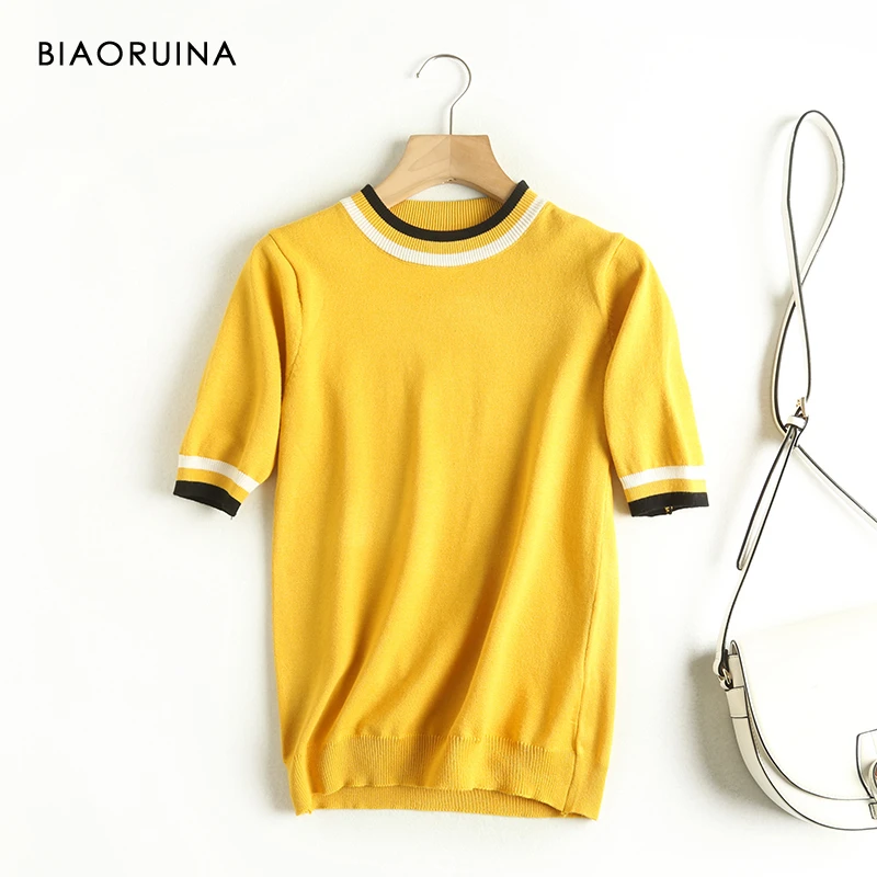 Женская футболка BIAORUINA летняя вязаная с рукавом до локтя женский полосатый