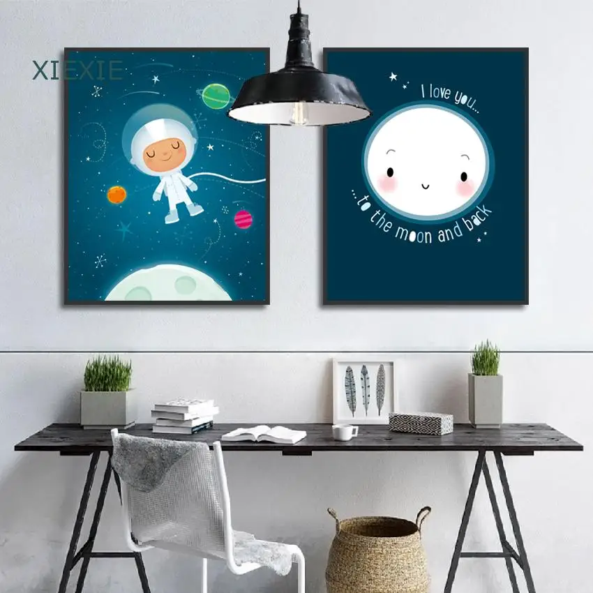 

Lovely Cartoon Universe Canvas Painting Astronaut Moon Home Wall Art Print Aisle Decor Bedroom Custom Poster As Unique Gift