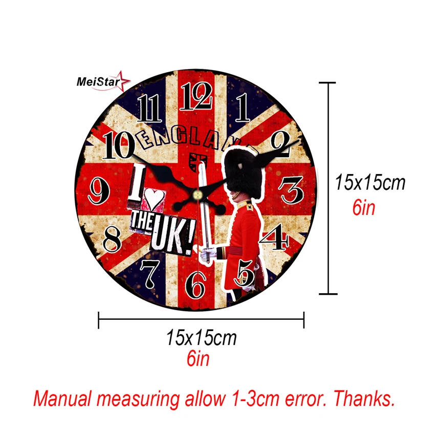 Винтажные ретро деревянные настенные часы Большие Лондонские британские флаги Улицы Старая машина Беззвучные Круглые 6 дюймов.