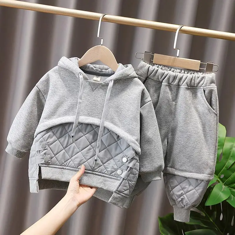 

1-6Years Kids Clothes Set Fashion Autumn Winter Patchwork Plaid Velvet Warm Boys Girls Hooded Pullovers Tops+Pants 2Pieces Suits