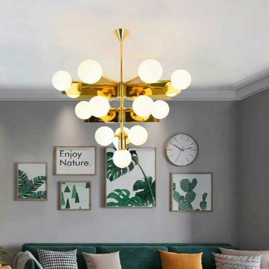 

Nordic LED Creative Chandelier Living Room Dining Room Bedroom Luxury Luminaires Simple Geometric Glass Ball Gold Hanging Lamp
