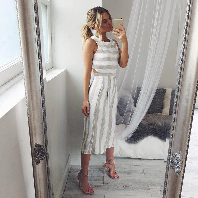 Женский полосатый комбинезон без рукавов повседневные свободные брюки модный