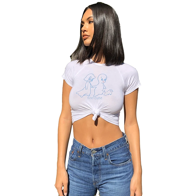 Простые белые хлопковые футболки с рисунком облегающие укороченный Топ для