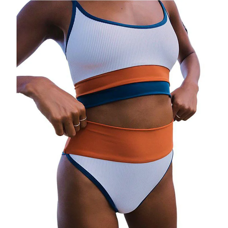 

2021 New Products Swimsuit Solid Color Rib Fabric Stitching Split Bikini for Women